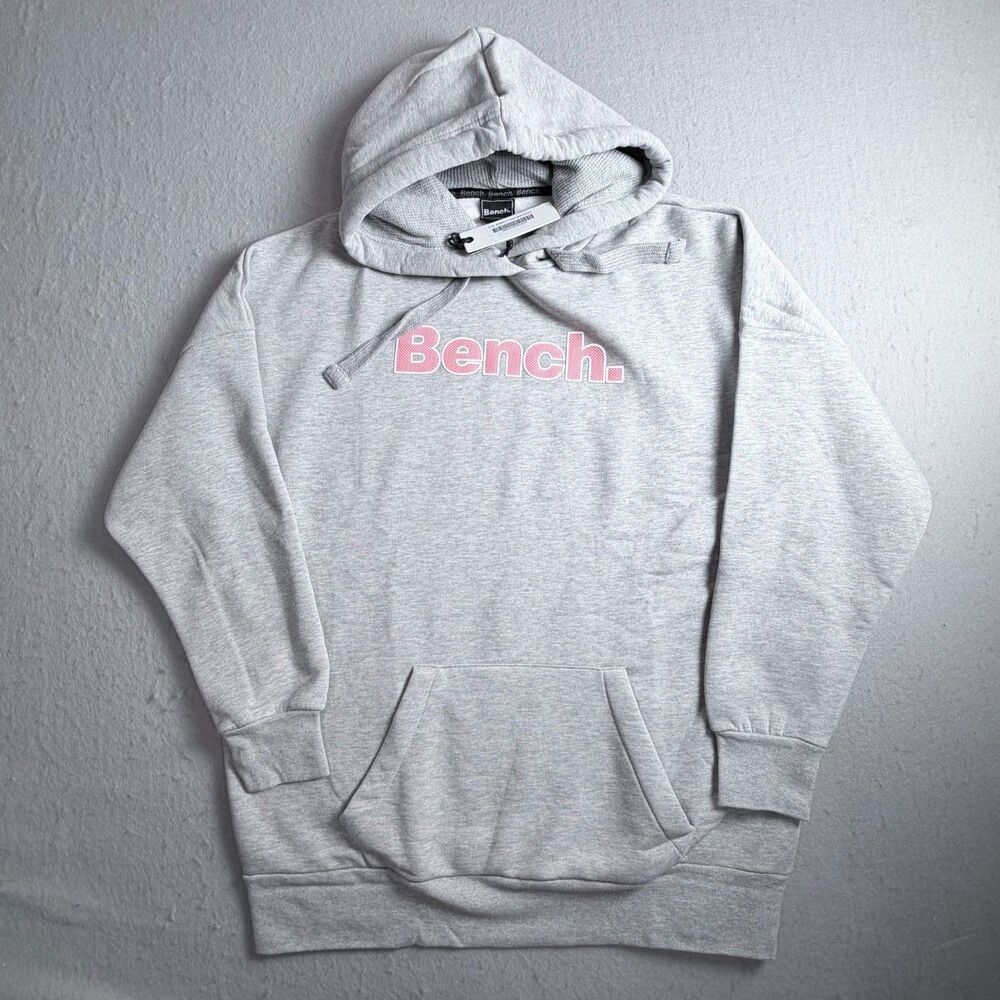 BENCH Logo Hooded Sweatshirt NEW Size L Gray Pink Pullover Relaxed Urban